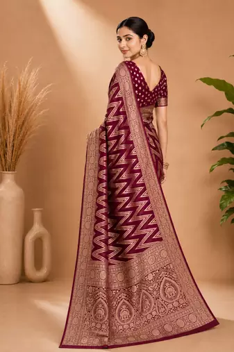 Wine Woven Golden Zari Chevron Pattern Design Fabric Pure Soft Chinon/Georgette Saree With Blouse Unstitched