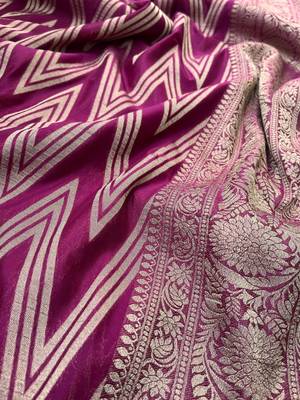 Wine Woven Golden Zari Chevron Pattern Design Fabric Pure Soft Chinon/Georgette Saree With Blouse Unstitched 5