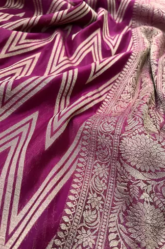 Wine Woven Golden Zari Chevron Pattern Design Fabric Pure Soft Chinon/Georgette Saree With Blouse Unstitched