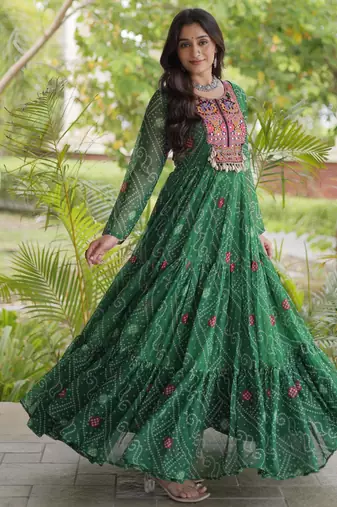 Green faux georgette bandhni print with kutchi patche work ruffle navratri gown