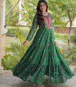 Green faux georgette bandhni print with kutchi patche work ruffle navratri gown