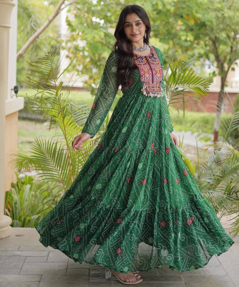 Green faux georgette bandhni print with kutchi patche work ruffle navratri gown