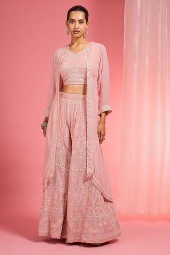 Light pink dori and resham work georgette cape sharara set