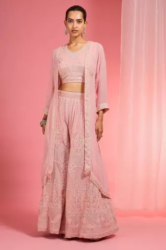 Light pink dori and resham work georgette cape sharara set