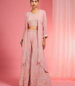 Light pink dori and resham work georgette cape sharara set
