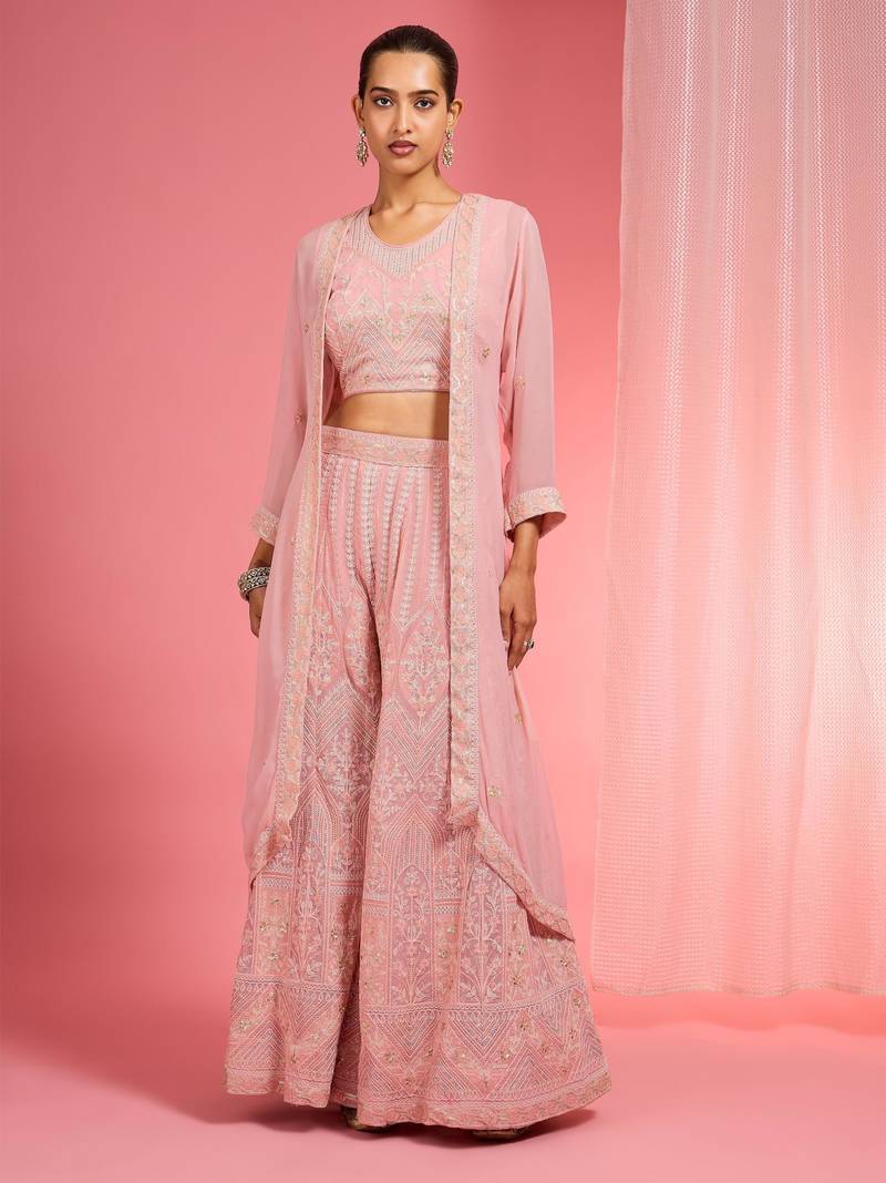 Light pink dori and resham work georgette cape sharara set