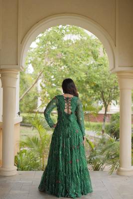 Green faux georgette bandhni print with kutchi patche work ruffle navratri gown 2