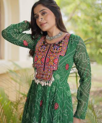 Green faux georgette bandhni print with kutchi patche work ruffle navratri gown 3