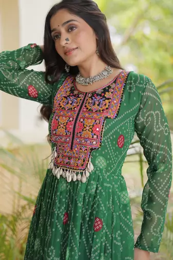 Green faux georgette bandhni print with kutchi patche work ruffle navratri gown