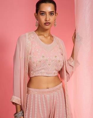 Light pink dori and resham work georgette cape sharara set 2