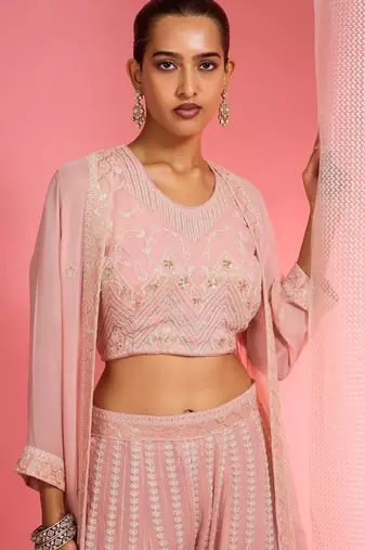 Light pink dori and resham work georgette cape sharara set