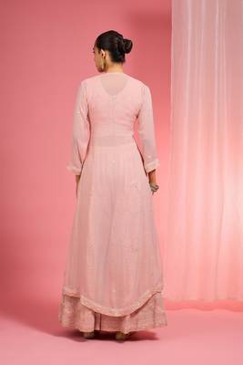 Light pink dori and resham work georgette cape sharara set 3
