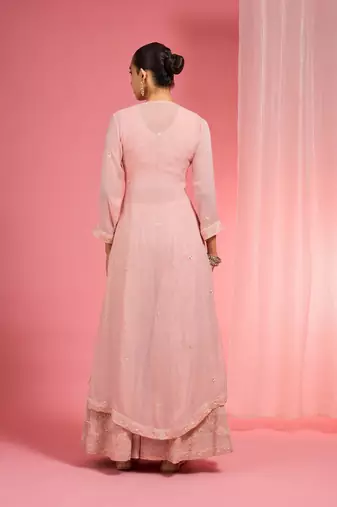 Light pink dori and resham work georgette cape sharara set
