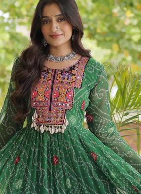Green faux georgette bandhni print with kutchi patche work ruffle navratri gown 4