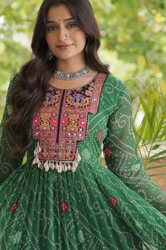 Green faux georgette bandhni print with kutchi patche work ruffle navratri gown