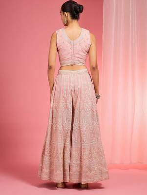 Light pink dori and resham work georgette cape sharara set 4