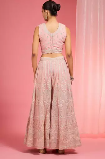 Light pink dori and resham work georgette cape sharara set
