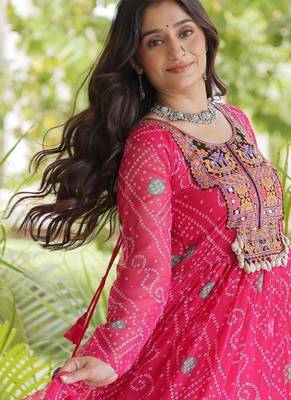 Pink faux georgette bandhni print with kutchi patche work ruffle navratri gown 2