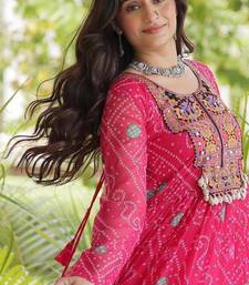 Pink faux georgette bandhni print with kutchi patche work ruffle navratri gown