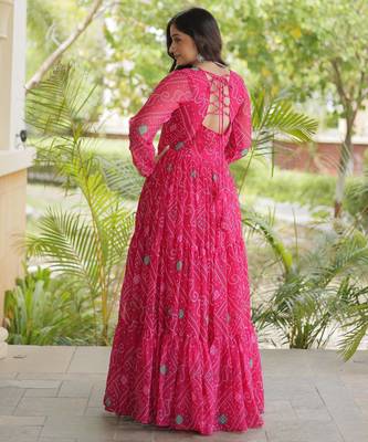Pink faux georgette bandhni print with kutchi patche work ruffle navratri gown 3