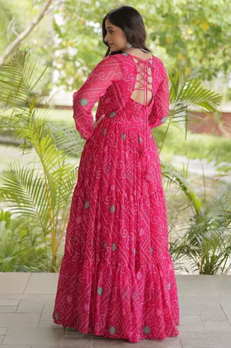 Pink faux georgette bandhni print with kutchi patche work ruffle navratri gown