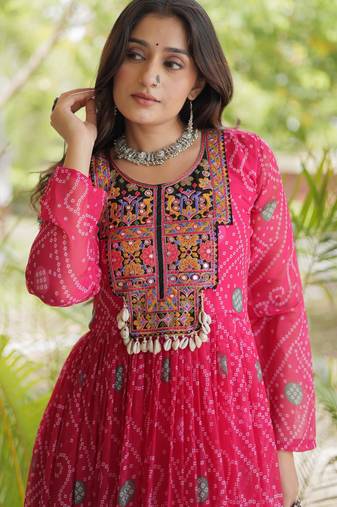 Pink faux georgette bandhni print with kutchi patche work ruffle navratri gown