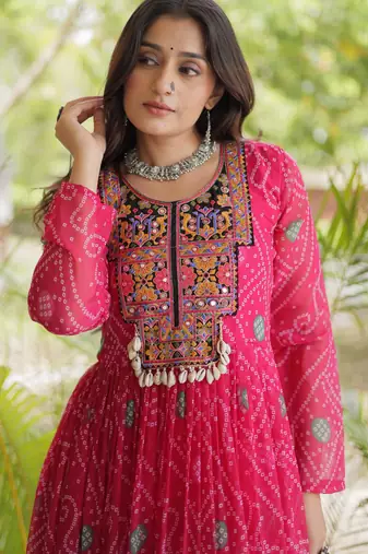 Pink faux georgette bandhni print with kutchi patche work ruffle navratri gown