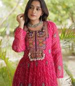 Pink faux georgette bandhni print with kutchi patche work ruffle navratri gown
