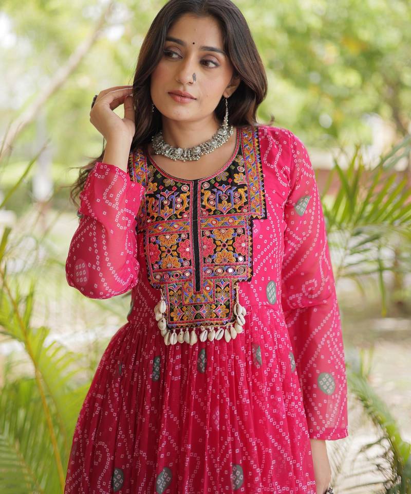 Pink faux georgette bandhni print with kutchi patche work ruffle navratri gown