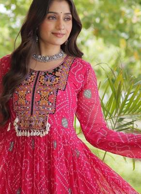 Pink faux georgette bandhni print with kutchi patche work ruffle navratri gown 4
