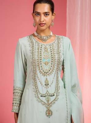 Light sea green organza sequin beads dabka work kurta set 2