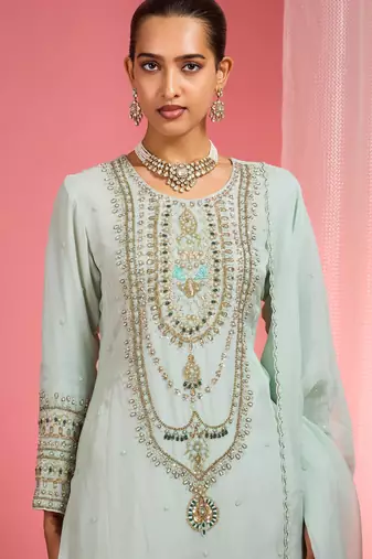 Light sea green organza sequin beads dabka work kurta set