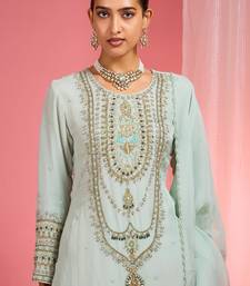 Light sea green organza sequin beads dabka work kurta set
