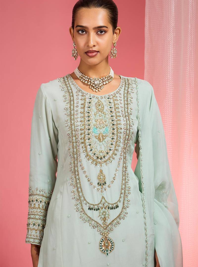 Light sea green organza sequin beads dabka work kurta set