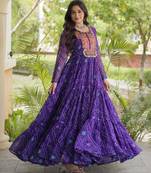 Purple faux georgette bandhni print with kutchi patche work ruffle navratri gown