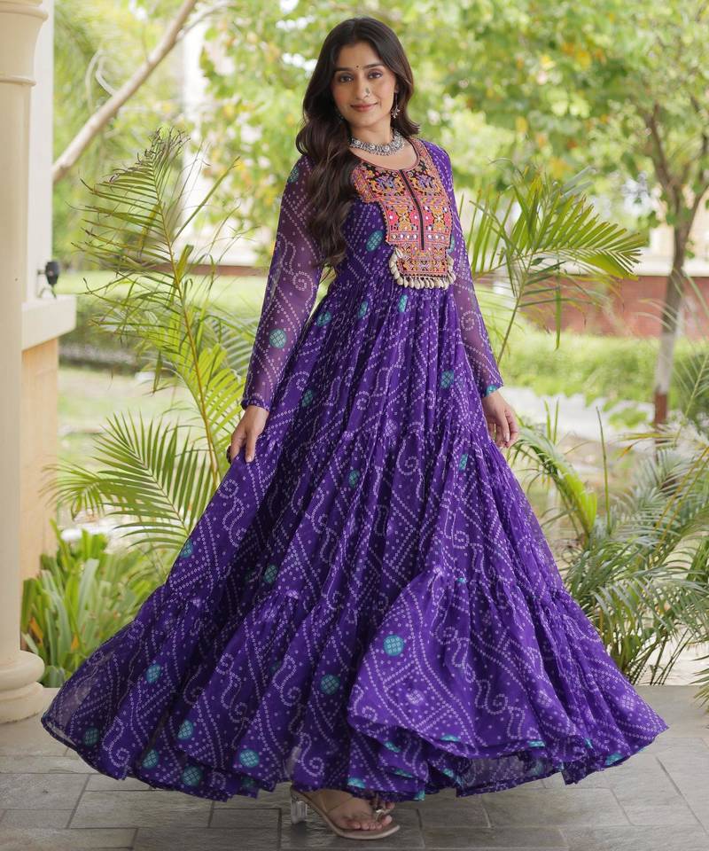Purple faux georgette bandhni print with kutchi patche work ruffle navratri gown