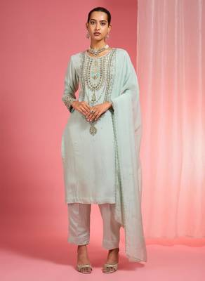 Light sea green organza sequin beads dabka work kurta set 1