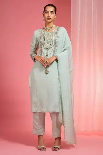 Light sea green organza sequin beads dabka work kurta set