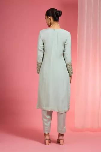 Light sea green organza sequin beads dabka work kurta set
