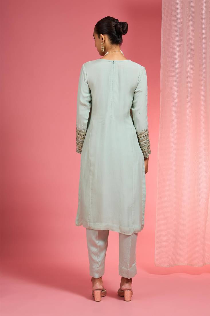 Light sea green organza sequin beads dabka work kurta set