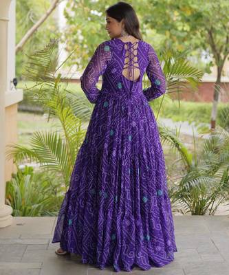 Purple faux georgette bandhni print with kutchi patche work ruffle navratri gown 2