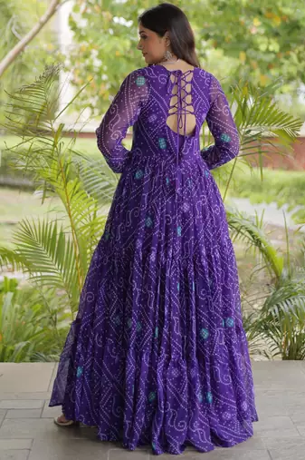 Purple faux georgette bandhni print with kutchi patche work ruffle navratri gown