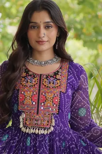 Purple faux georgette bandhni print with kutchi patche work ruffle navratri gown