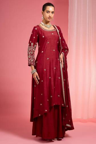 Reddish maroon hand embroidered viscose dupion silk kurta sharara set
