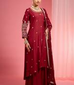 Reddish maroon hand embroidered viscose dupion silk kurta sharara set