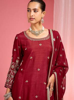 Reddish maroon hand embroidered viscose dupion silk kurta sharara set 2