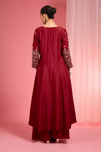 Reddish maroon hand embroidered viscose dupion silk kurta sharara set