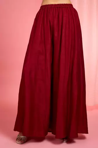 Reddish maroon hand embroidered viscose dupion silk kurta sharara set