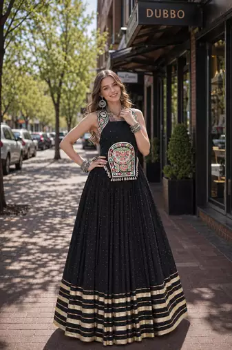 Black Rayon Readymade Navratri Lehenga Choli with Mirror Gamthi Work