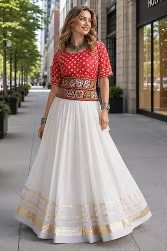 Rani&White Cotton Readymade Navratri Lehenga Choli with Bandhej & Embroidery Work